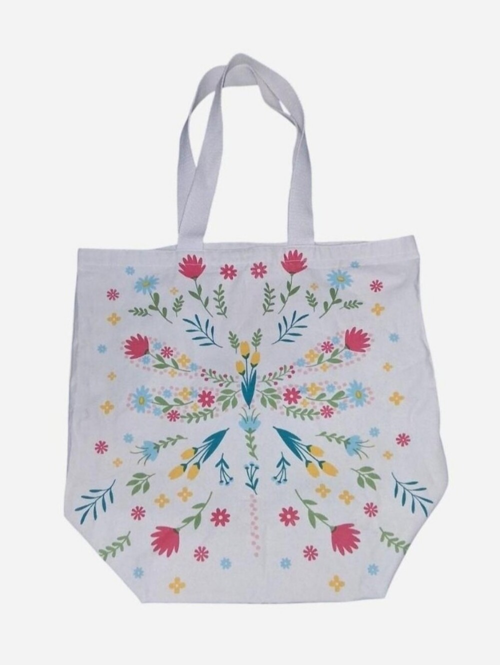 L | light beige/creme tote bag with dragonfly floral design